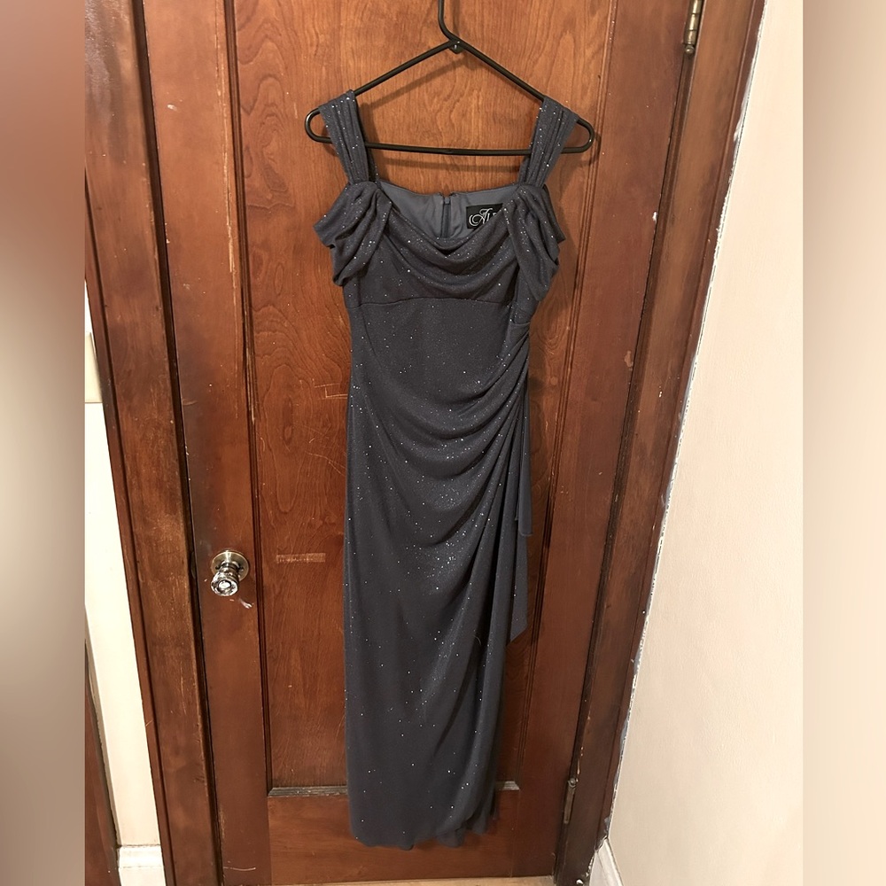 Light blue Prom Dress, Belle Shoulder, Sparkling silver, Rouched designs